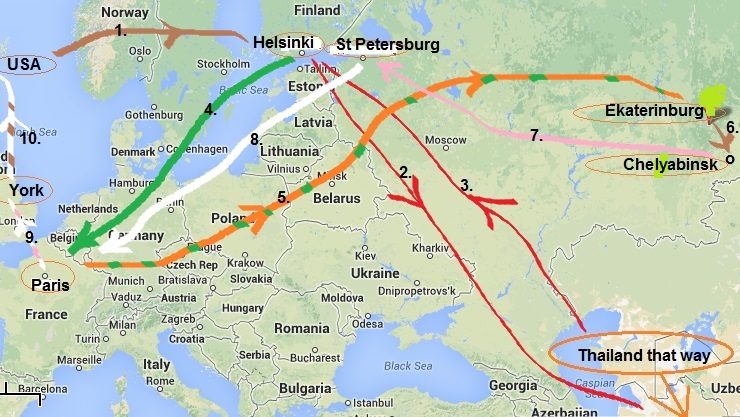 1. Flight from Dallas thru Paris to Helsinki, Finland 2. Flight from Helsinki to Bangkok 3. Return to Helsinki 4. Helsinki to Paris 5.Paris thru St Petersburg to Ekaterinburg, Russia 6. Bus to Chelyabinsk 7. Flight to St Petersburg 8. Flight to Paris 9. Train to London and on to York 10. (Train to London) then Flight back to Dallas 